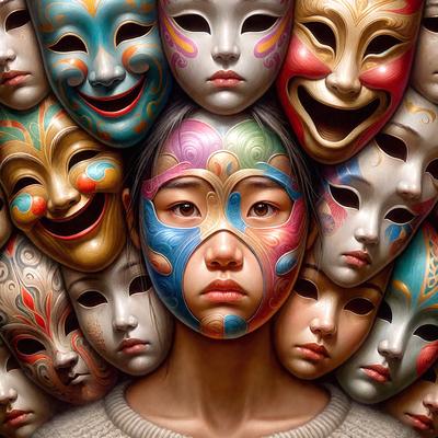 The primary subject of the image is a woman wearing a mask. She is surrounded by a large group of masks, which are positioned all around her. The setting appears to be a creative and artistic environment, possibly a theater or a performance space. The visual style of the image is a combination of digital art and illustration, creating a unique and intriguing scene. The dominant colors in the image are a mix of pink, blue, and yellow, giving the scene a vibrant and lively atmosphere.
